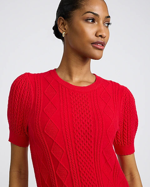 Cable Knit Crew Neck Puff Sleeve Sweater | Express