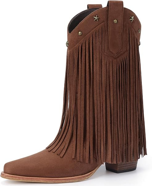 Fringe Cowboy Boots for Women \u2013 Mid Calf Cowgirl Boots with Star Studded, Pointed Toe and Ch... | Amazon (US)