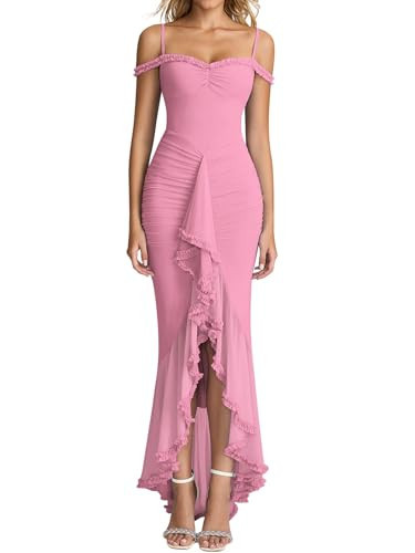 KUTUMAI Women Ruffle Bodycon Maxi Dress Ruched Long Formal Cocktail Wedding Guest Dresses Pink | Amazon (US)