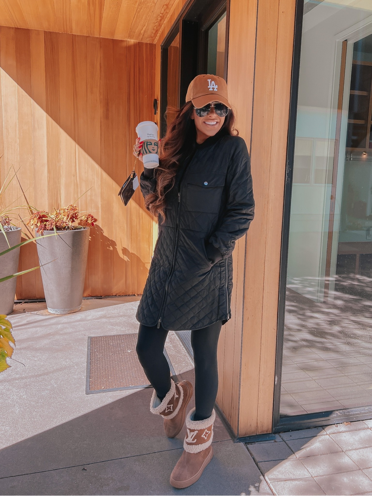 Fall Outfits, Errand Outfits, Athleisure, Leggings, Flattering Leggings, Commando, Commando Bodysuit, Zella Jacket, Uggs, Louis Vuitton Boots, LA Cap, Ballcap, Emily Ann Gemma 