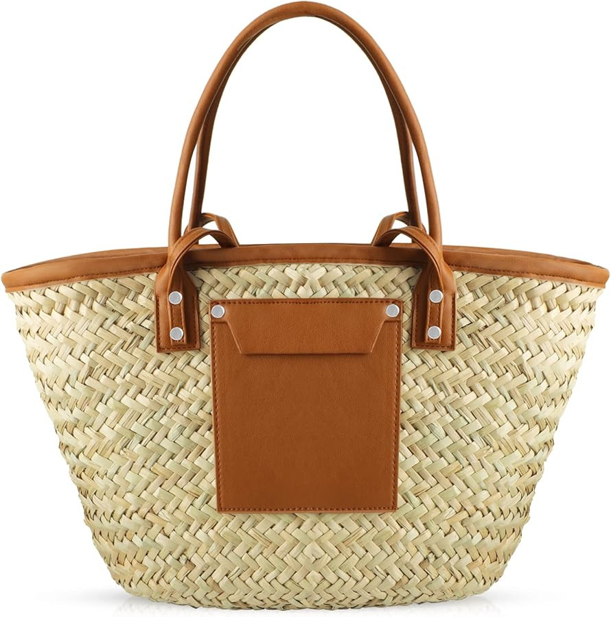 Summer Beach Handwoven Straw Basket Bag With Leather Panels - Rattan Crossbody Shoulder Bag for W... | Amazon (US)