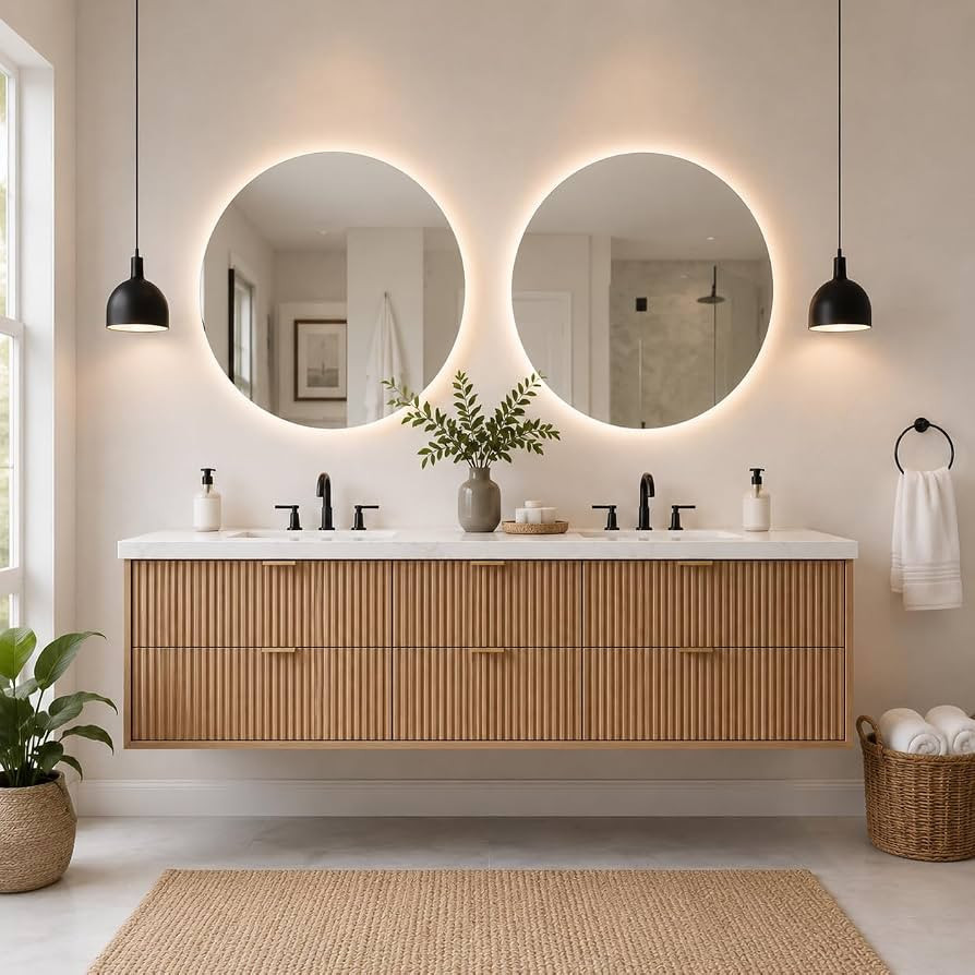 64" Bathroom Vanities, Ceramic Sink, Dual Mirrors and Striped Drawers | Amazon (US)