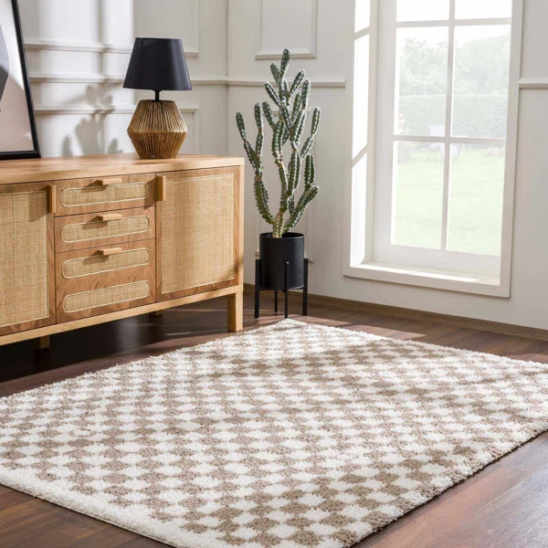 Cabble Checkered Machine Woven Polyester Area Rug in Tan/White | Wayfair North America