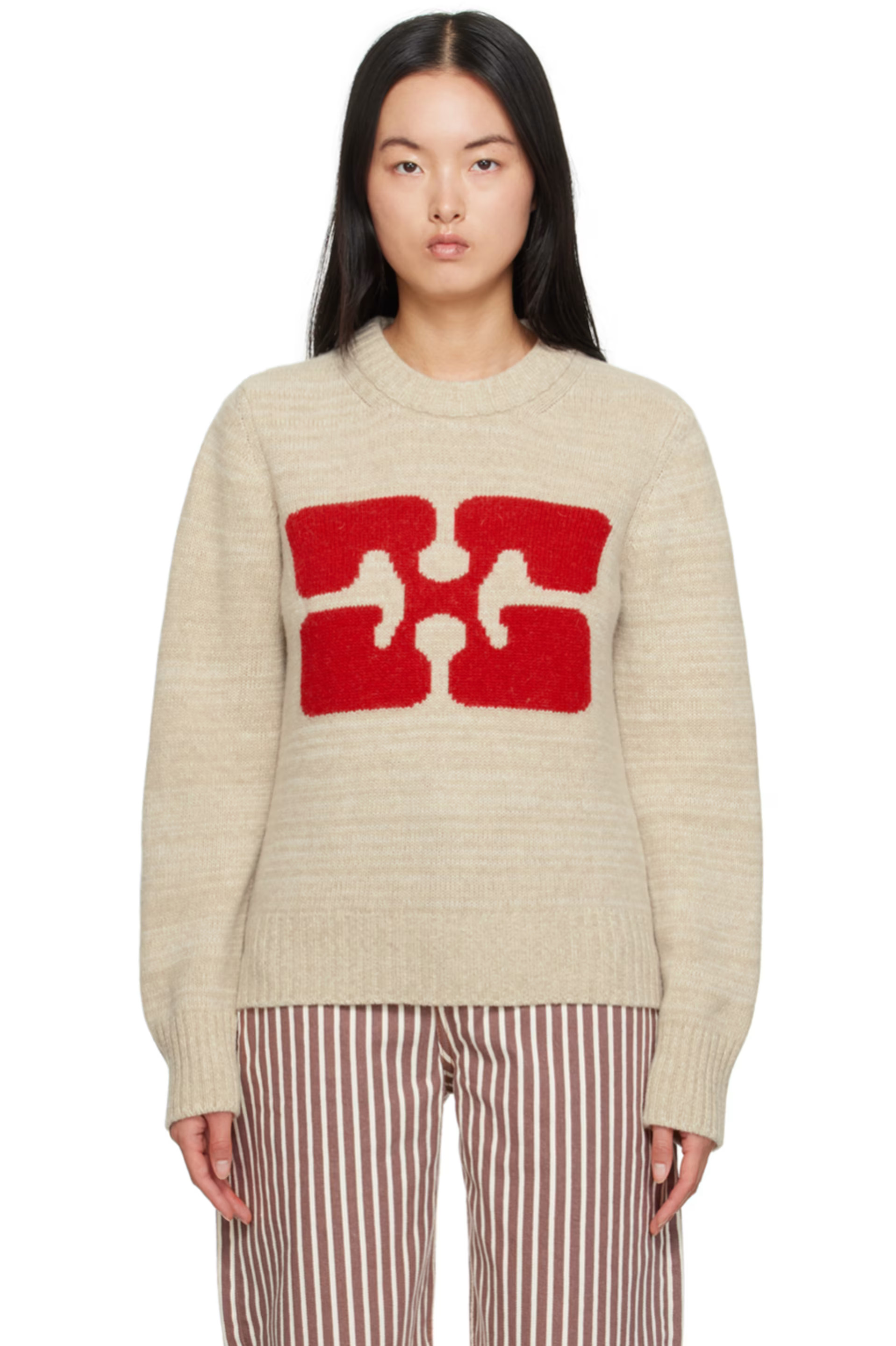 GANNI - Beige Jacquard Sweater | SSENSE