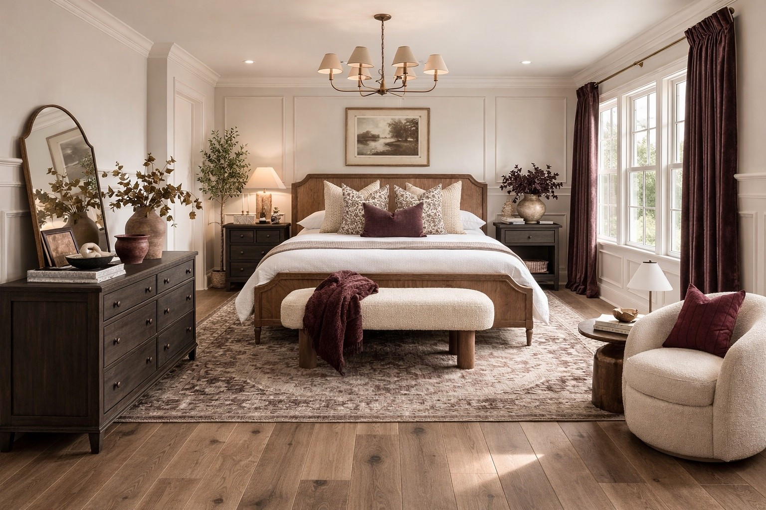 Master Bedroom Inspiration 

This moody, organic bedroom design proves that warm neutrals and white walls can still feel cozy 🤍 Layered textures, rich wood tones, and soft burgundy accents add depth and warmth, while classic wainscoting and Greek Vanilla walls keep the space light and timeless. From the upholstered bench and vintage-style rug to the dark wood dresser and neutral boucle chair, every piece works together to create a calm, elevated retreat. Save this if you love modern traditional bedrooms, warm neutral decor, and cozy bedroom inspiration.