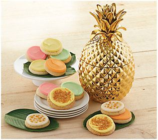 Cheryl's Gold Pineapple Cookie Jar & 12 Assorte d Cookie | QVC