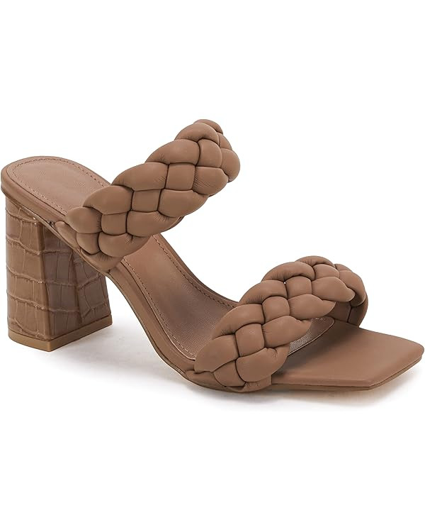 Syktkmx Womens Braided Heels Sandals Chunky Block Heel Double Strap Summer Dressy Sandal | Amazon (US)