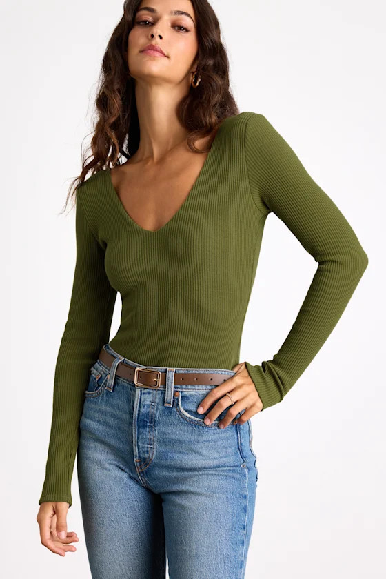 Easygoing Chic Olive Green Long Sleeve Bodysuit | Lulus