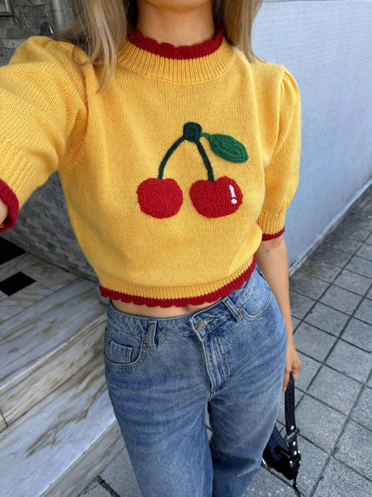 Forever 21 Fall & Winter Women Yellow And Red Knit Cherry Graphic/Halloween /Christmas /Turtlenec... | SHEIN