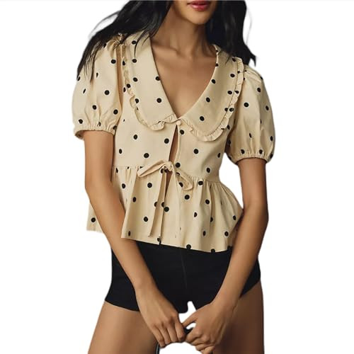 utcoco Women Tie Front Tops Puff Sleeve Peplum Babydoll Shirts Peter Pan Collar Coquette Blouses ... | Amazon (US)