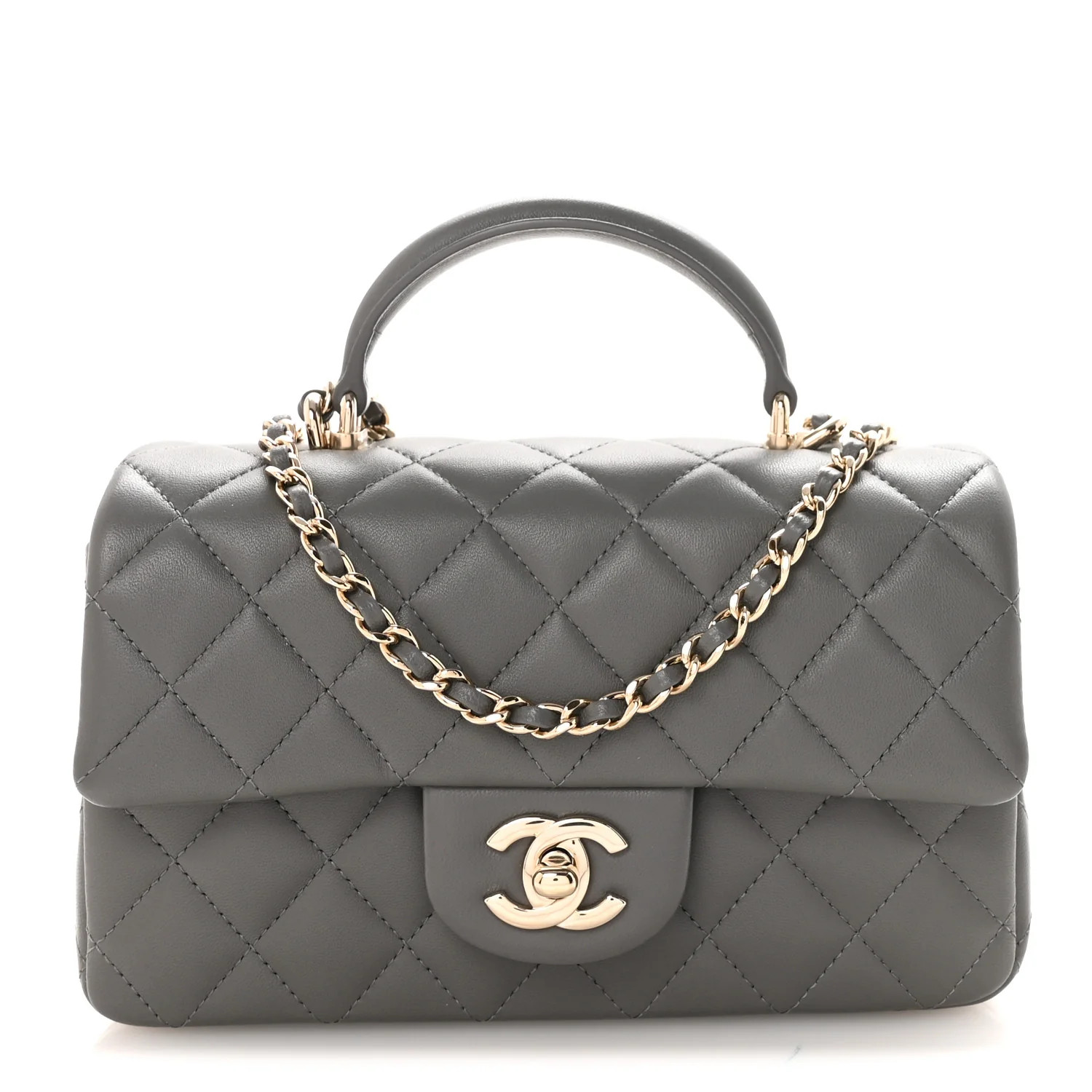 Chanel Lambskin Quilted Mini Top Handle Rectangular Flap Dark Grey | FASHIONPHILE (US)