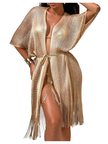 SHENHE Women's Sparkly Fringe Kimono Swimsuit Coverups Belted Short Sleeve Beach Swim Cover Up Gold One-Size | Amazon (US)