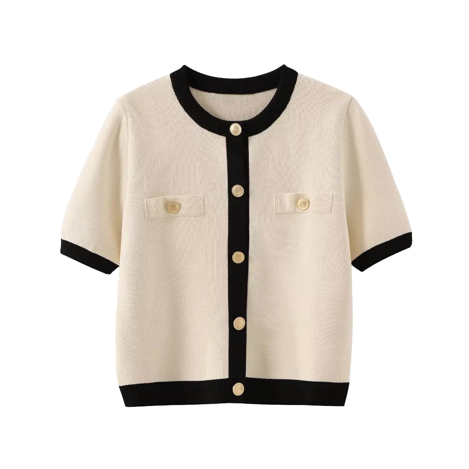 YueHuiYing Fashionable Women's Solid Color Round Neck Short Sleeved Button Pocket Knitted Casual ... | Walmart (US)