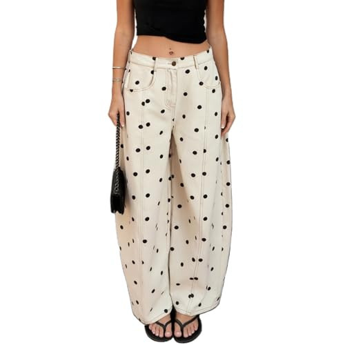 XBTCLXEBCO Polka Dot Jeans Women Y2K Print High Waisted Wide Leg Denim Pants Vintage Stretchy Boyfriend Jeans 90s Streetwear(Olive Black,X-Large) | Amazon (US)