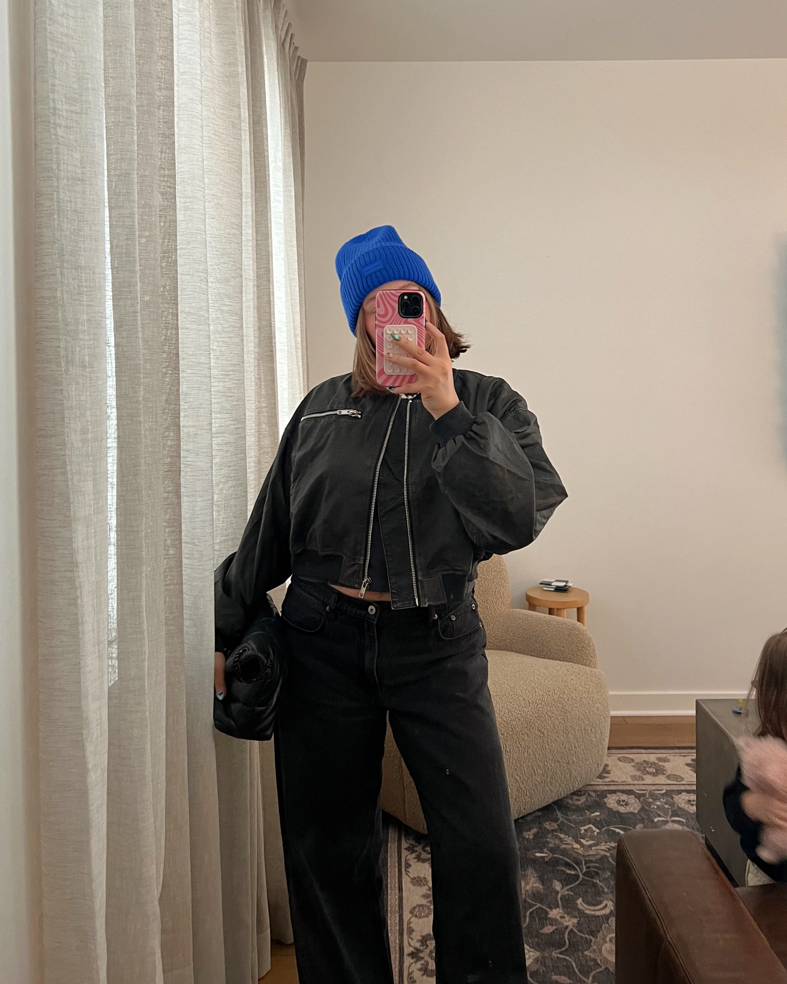 Beanie is wool and I love the color!! Love these low rise loose jeans (on sale and extra 15% off with DENIMAF) they’re so soft and not rigid I did regular length & curve love so they were loose around my hips. Size M in jacket you could size down it’s pretty oversized but so cute!! Love these Amazon flats they’re gorg. Tts & comfy!! 