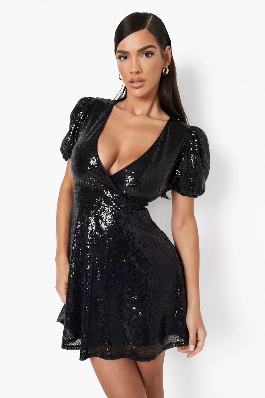 Sequin Puff Sleeve Skater Party Dress | boohoo (US & Canada)