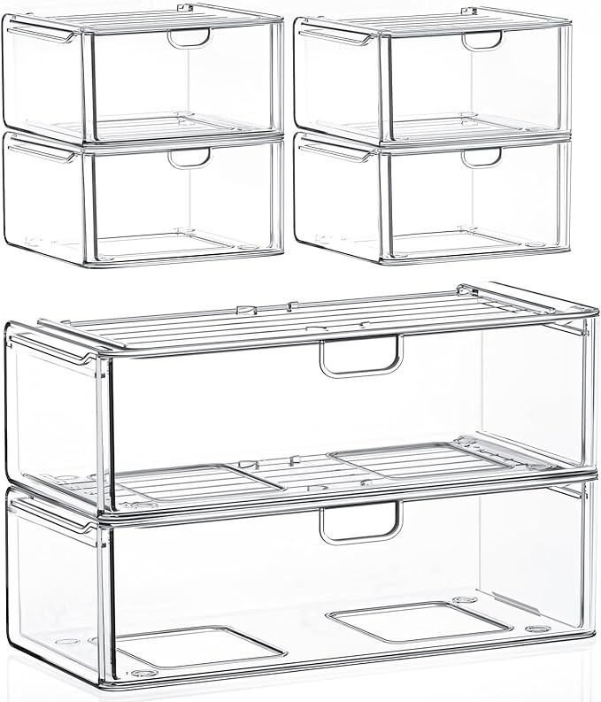 Acrylic Storage Drawers Set of 6, Clear Makeup Organizer, Plastic Organizer Bins for Beauty Suppl... | Amazon (US)