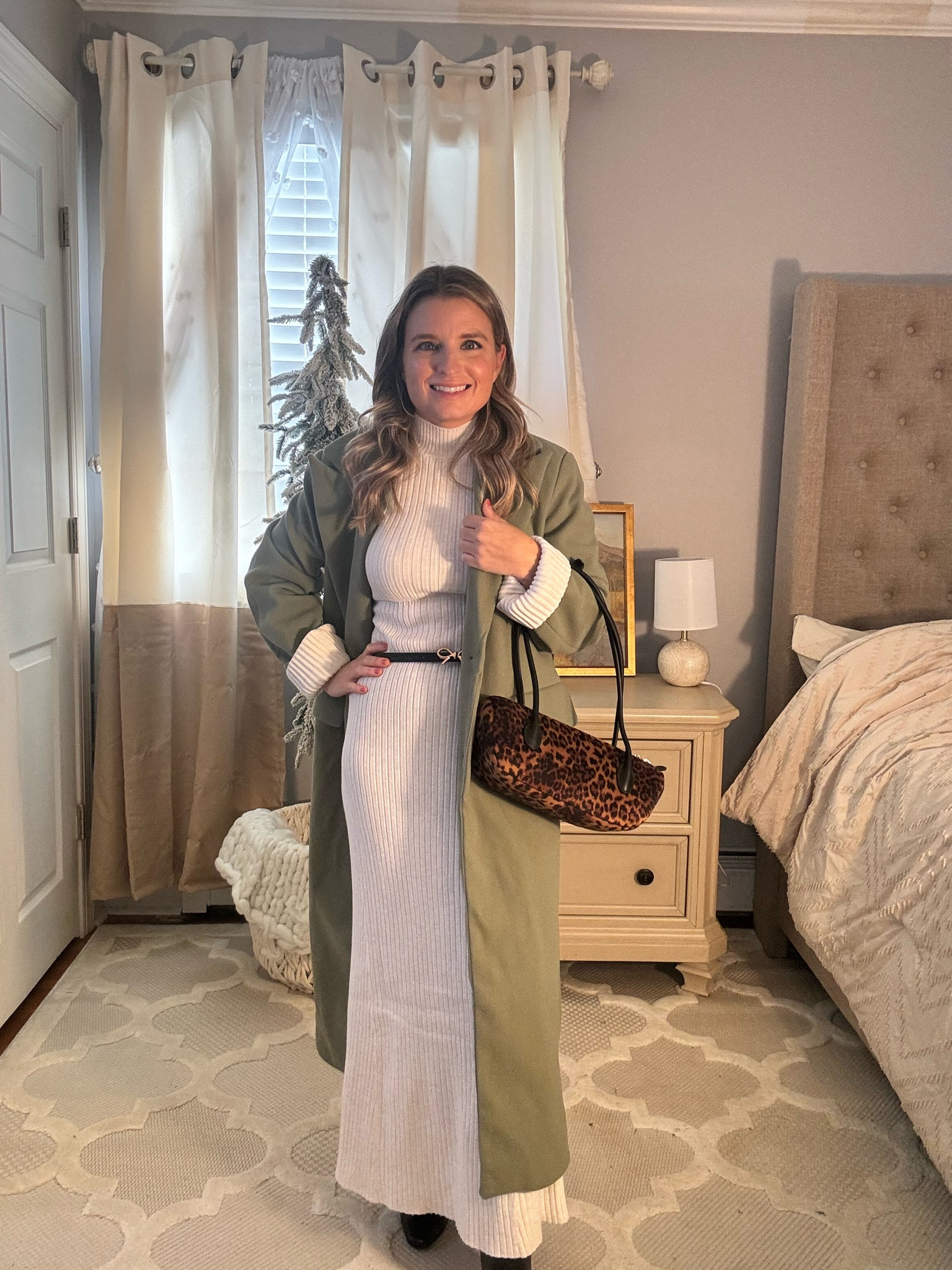 Thanksgiving outfit option! Sweater dress, bow belt, leopard shoulder bag and faux wool mint green jacket that is amazing! 

#LTKFindsUnder50 #LTKHoliday #LTKSeasonal