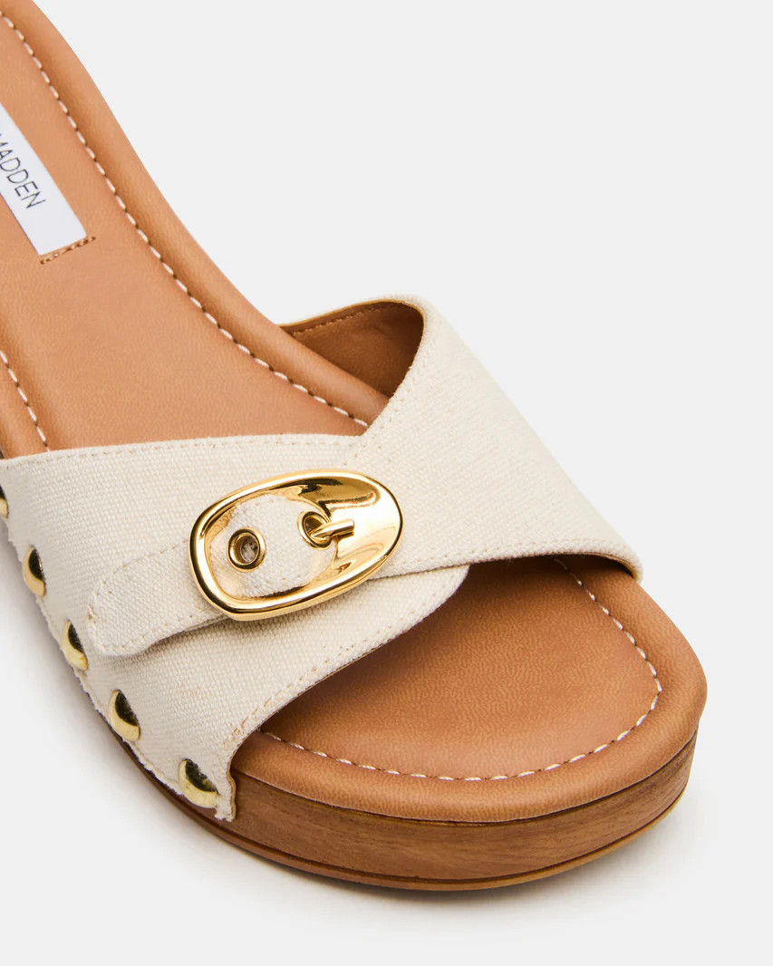 FREDI Linen Mule Buckle Studded Platform Wood-Bottom Women's Sandal | Steve Madden (US)