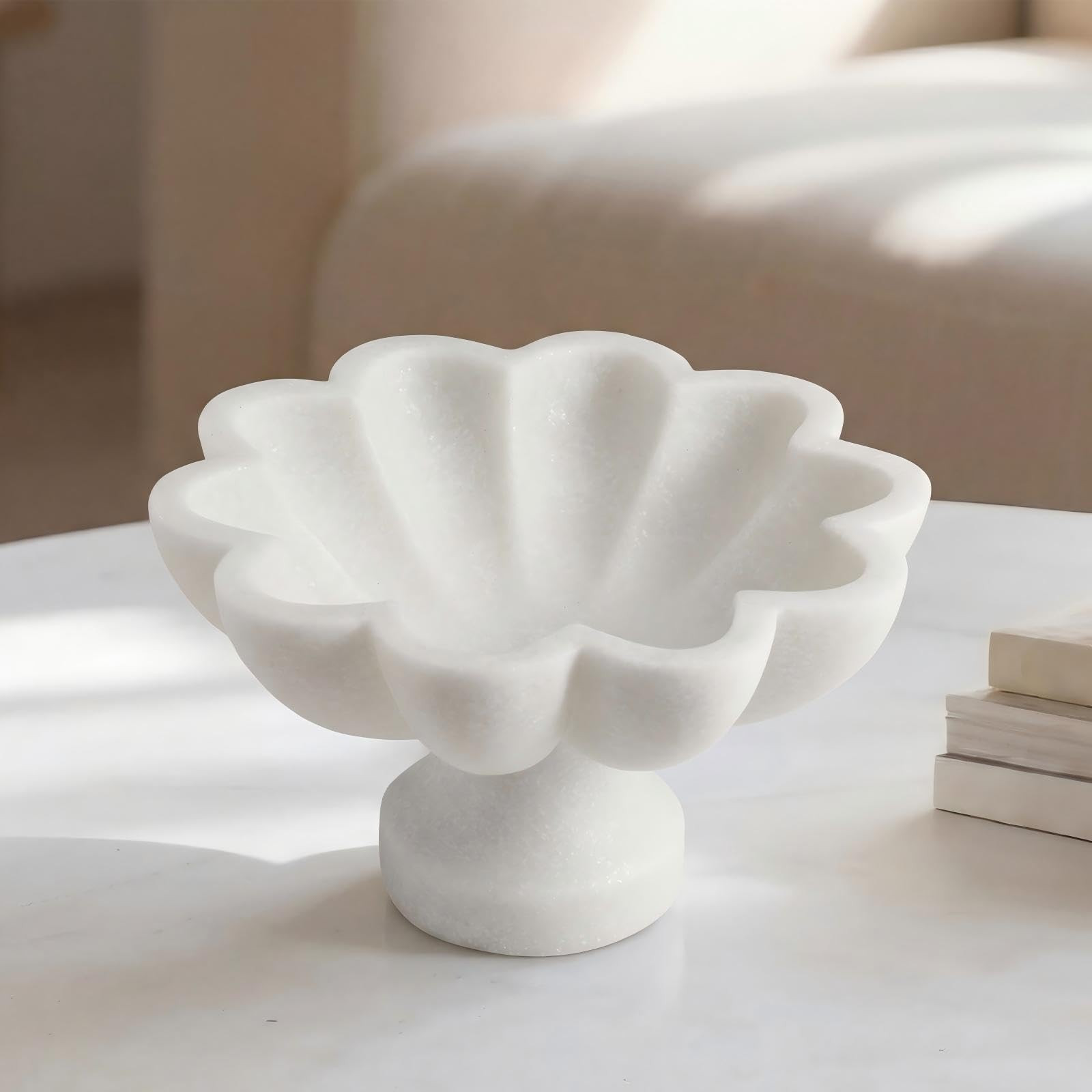 Potchen 1 Pcs White Ruffle Marble Bowl, 8 Inch Decorative Scalloped Fluted Bowl for Kitchen Counter Entryway & Home Table Centerpiece Decorations, Trinket Dish for Keys, Jewelry, Fruit & Snacks | Amazon (US)