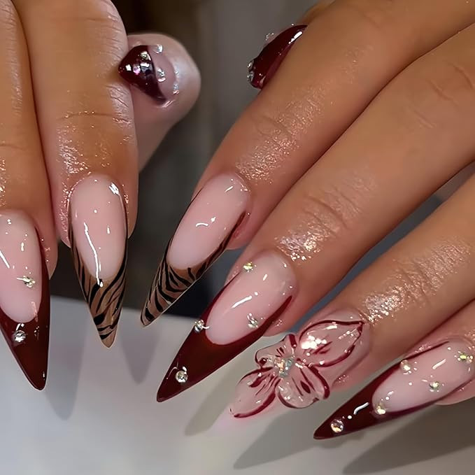 Burgundy Leopard French Tip Press on Nails Long Stiletto with 3D Flower Design Rhinestone Stick o... | Amazon (US)