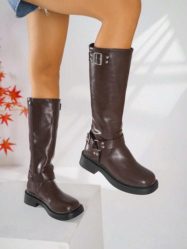 Women Fashion Boots Match Sweater , Women Fashion Casual Side Zipper Buckle Biker Boots, Brown, Chunky Heel, Western Style, Rubber Shoes, Knee High Boots, Mid-Calf Boots | SHEIN