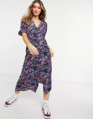 ASOS DESIGN Button through maxi tea dress with shirred waist in purple floral | ASOS (Global)