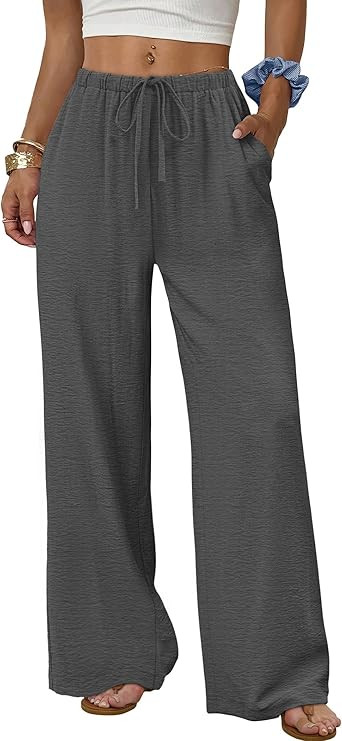 Sampeel Wide Leg Pants for Women Flowy Palazzo Drawstring Elastic Waist Trousers with Pockets Sum... | Amazon (US)