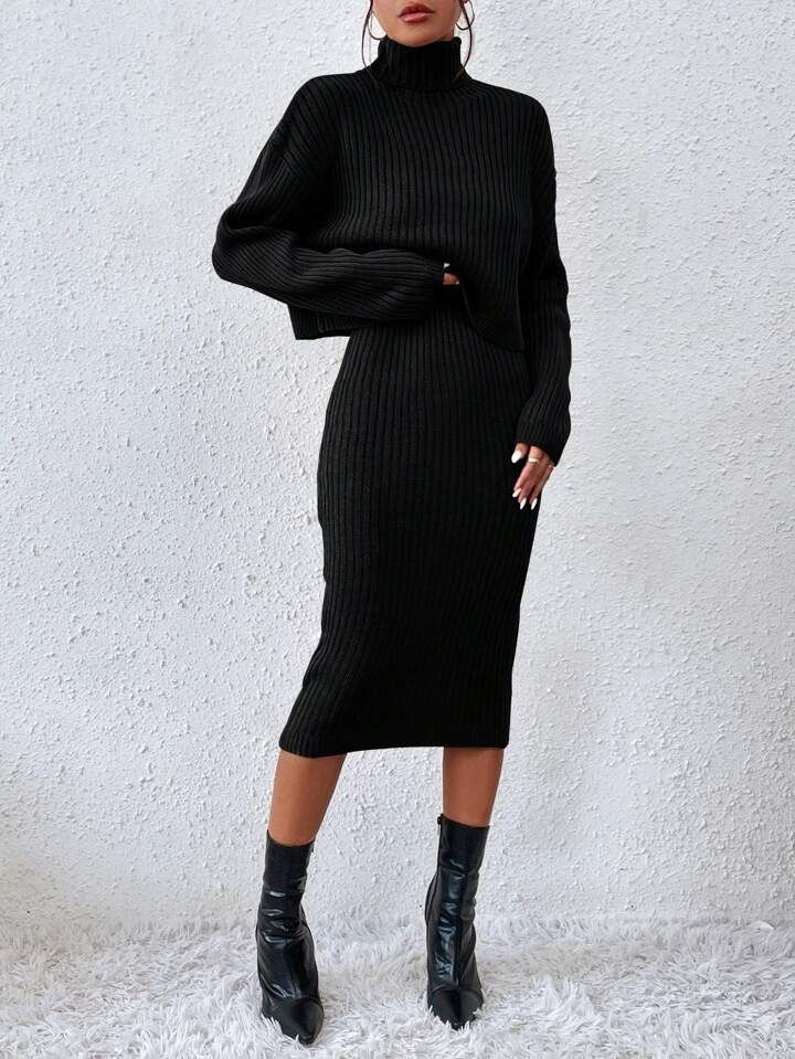 SHEIN Privé Turtleneck Drop Shoulder Sweater & Knit Skirt | SHEIN