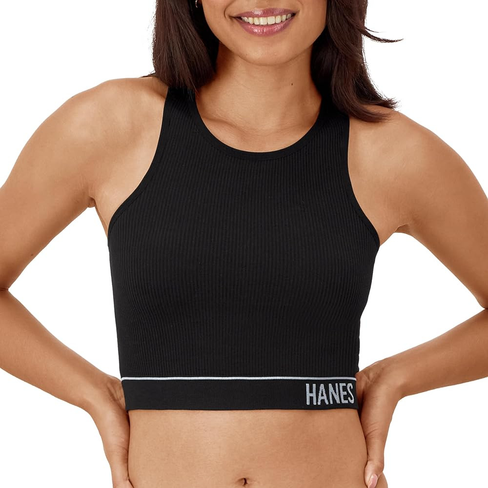 Hanes Women's Originals Cropped Bralette, Seamless Rib Longline Bra, Ribbed Crop Top | Amazon (US)