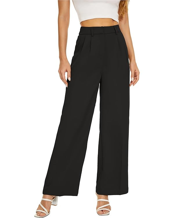 Women Wide Leg High Waist Wide Leg Pants Loose Fit Back Elastic Waist Pleated Front Trousers for ... | Amazon (US)