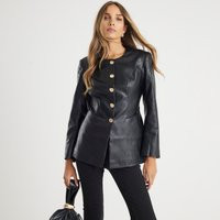 River Island Womens Black Faux Leather Button Collarless Jacket | River Island UK & IE