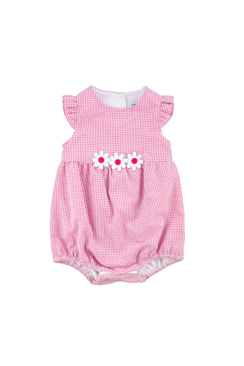 Check Seersucker Romper With Flowers | Florence Eiseman