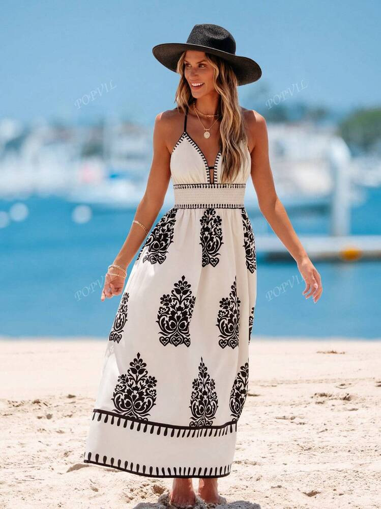 Popvil Boho Printed Backless Cross Halter Maxi Dress For Summer Vacation | SHEIN