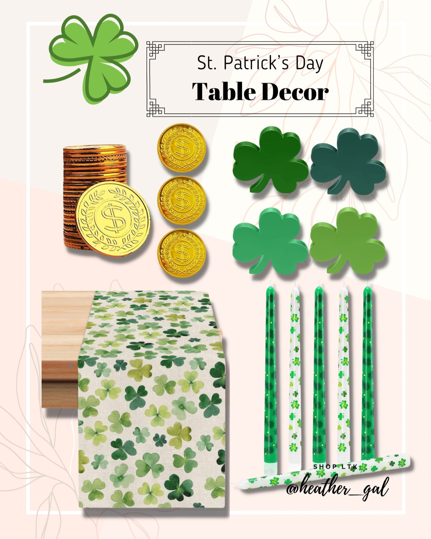 Affordable St. Patrick’s Day decor, green table decor, shamrock decor, wooden shamrocks, tabletop decor, tiered tray decor, St. Patrick’s day table runner, shamrock table runner, seasonal taper candles, shamrock taper candles, St. Patrick’s Day candles, dining table decor, tablescape ideas, fake gold coins, amazon seasonal decor, affordable seasonal decor 

#LTKhome #LTKSeasonal #LTKunder50