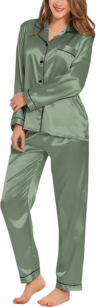 SWOMOG Womens Silk Satin Pajamas Loungewear Two-piece Sleepwear Button-Down Pj Set | Amazon (US)