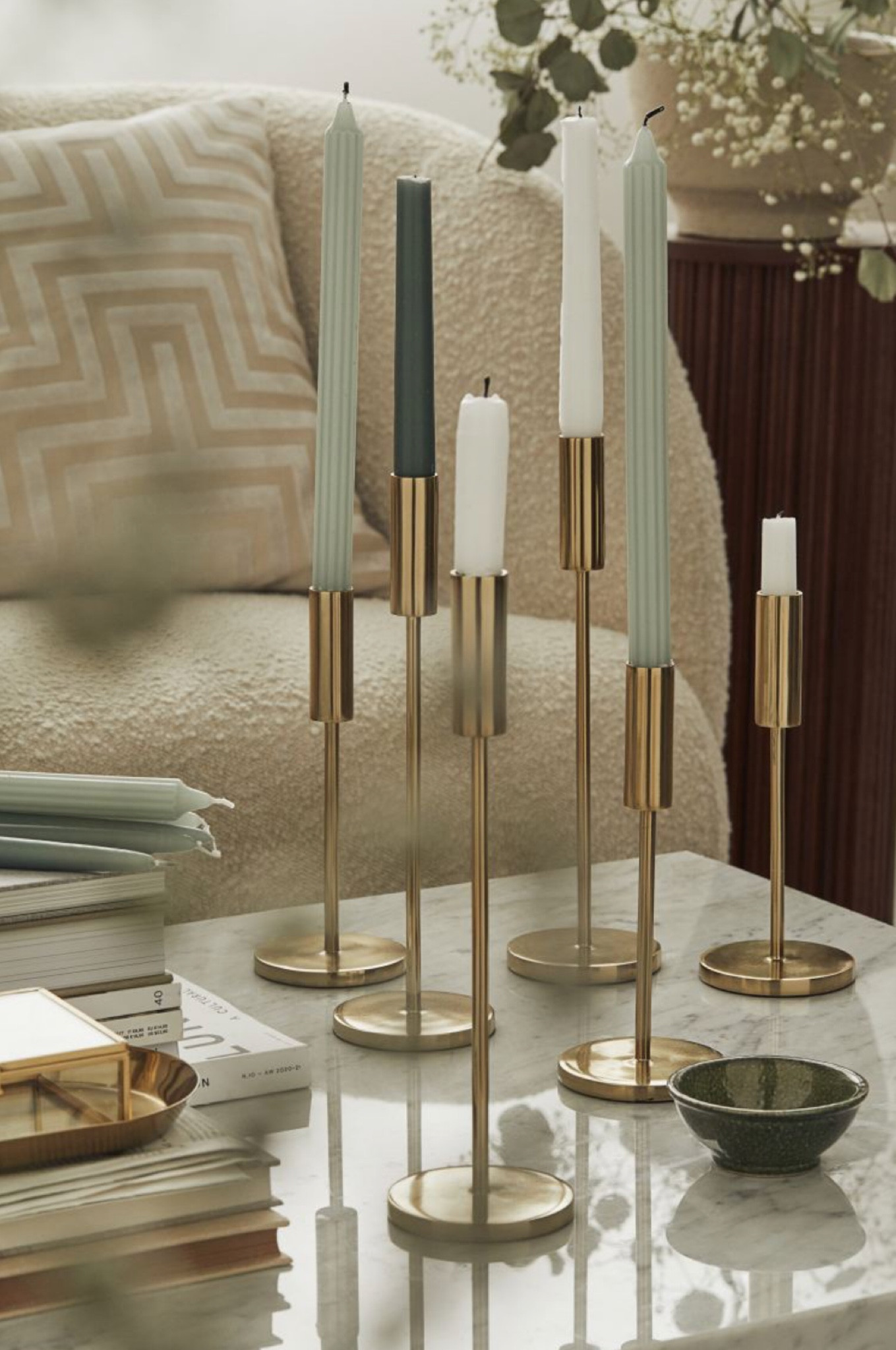 Home decor finds, gold home decor, candles and candle holders, candlesticks, candlestick holders, gold candlestick, metal candlestick, metal and glass candle holder, pillar candle holder, gold tray, mirrored glass tray, hexagonal metal tray, large metal vase, gold vase, gold book stand, spiral candle, tapered candles, blush candles 