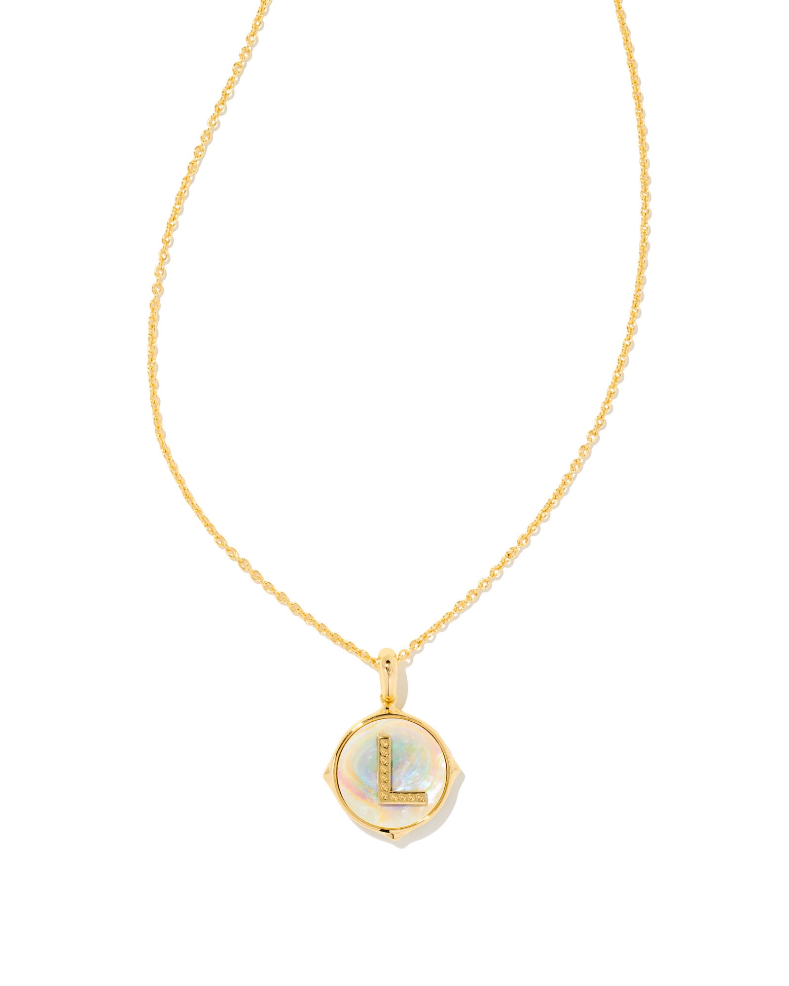 Letter L Gold Disc Reversible Pendant Necklace in Iridescent Abalone | Kendra Scott