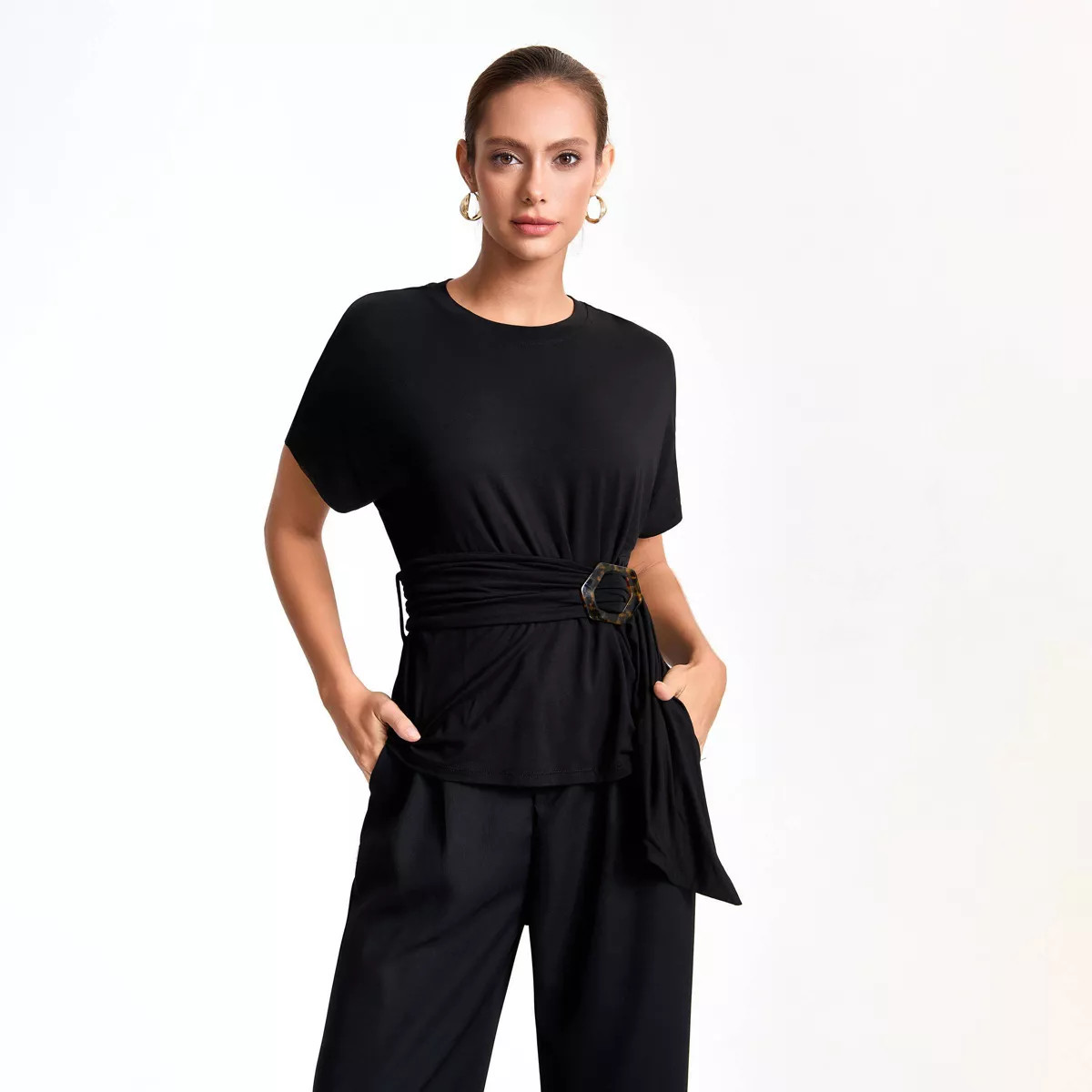 Women's Short Sleeve Belted T-Shirt - A New Day™ Black M | Target