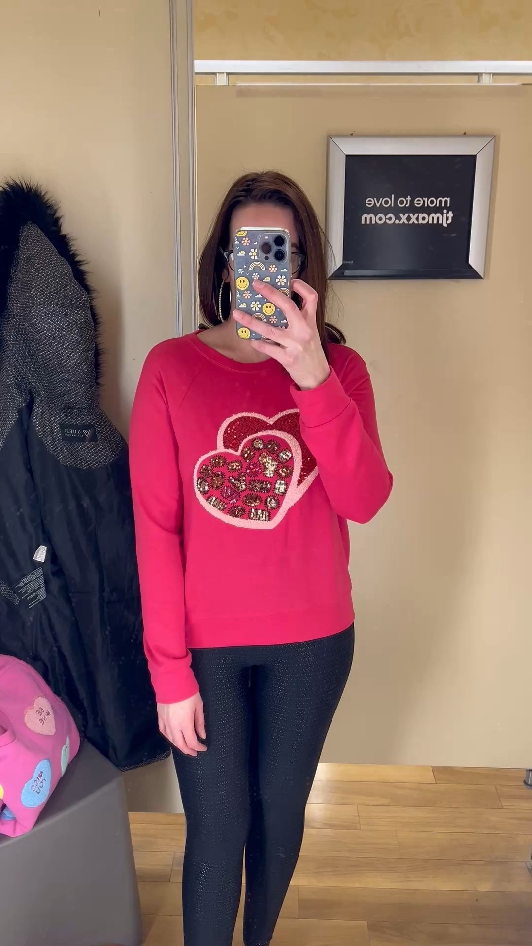 Pink double heart sweatshirt (xs). Black faux leather leggings (small). #sweatshirt #heartsweatshirt #pinksweatshirt #doubleheartsweatshirt #leggings #blackleggings #fauxleatherleggings #valentinesdayoutfit #datenightoutfit 
date night outfits 
valentines day outfit women @tjmaxx @Spanx 

#LTKValentine #LTKSeasonal
