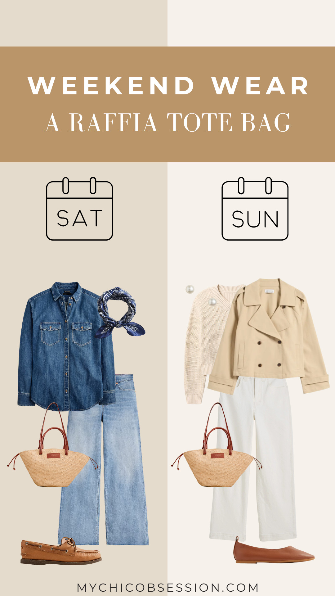 Style your raffia tote as part of two different looks this weekend!

On Saturday, wear it with a denim on denim look, a navy neck scarf, and boat shoes. 

On Sunday, incorporate the raffia tote into your spring fashion with a trending crop trench coat, a light sweater, white jeans, pearl earrings and leather flats. 

 #LTKSeasonal #LTKStyleTip #LTKItBag
