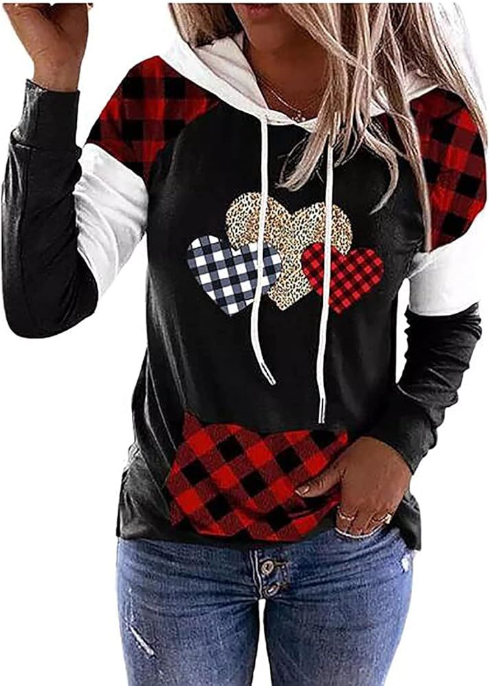 Valentine's Day Hoodie Tshirt for Women Buffalo Plaid Leopard Love Heart T-Shirt Long Sleeve Colo... | Amazon (US)