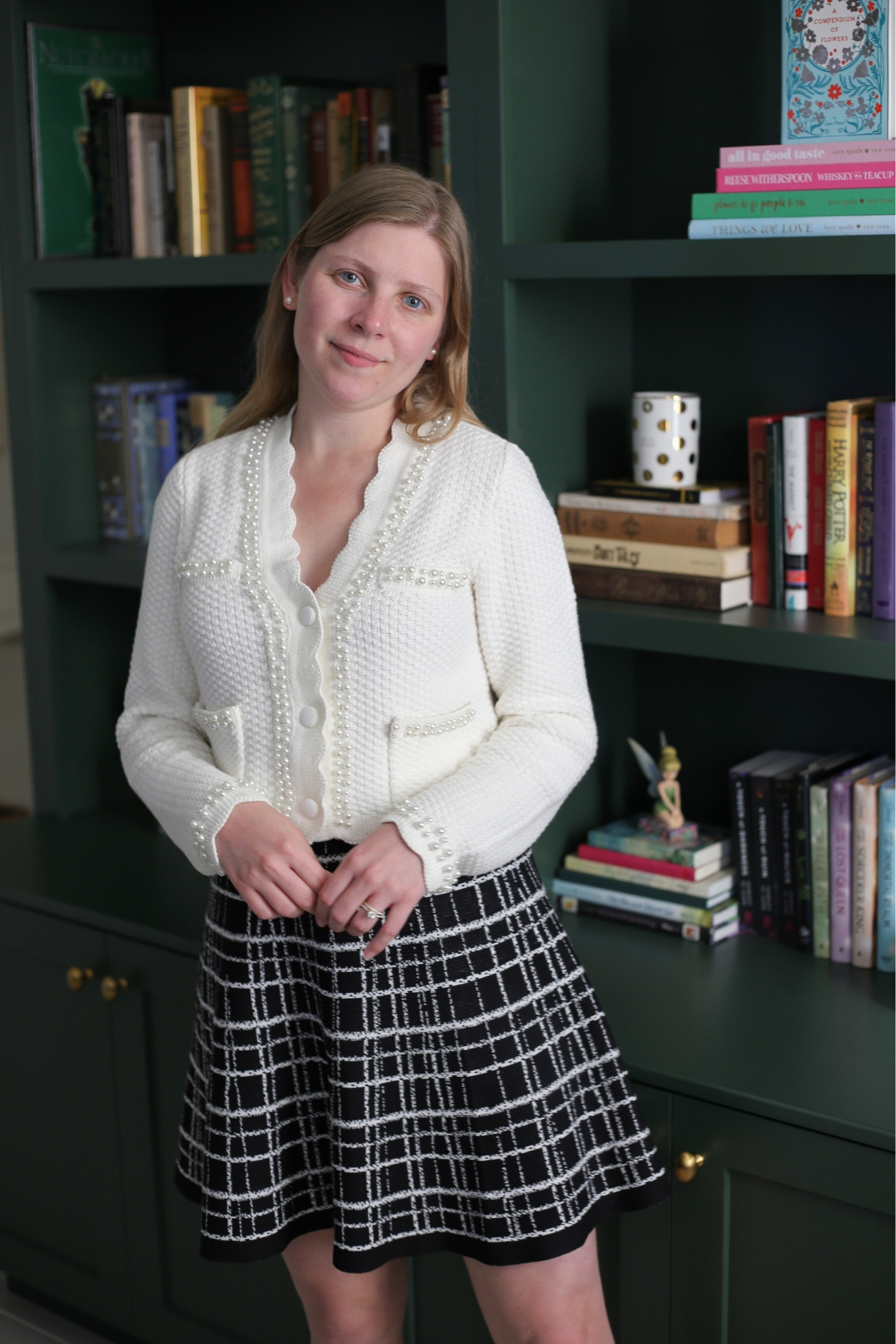 New favorite cardigan. White pearls and scallops. What more could one ask for in this lady jacket inspired sweater? 