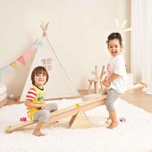 2 in 1 Teeter Totter Seesaw & Balance Beam, Stepping Stones for kids, Rocking & Coordination Fun for 2 Toddlers or Kids, Montessori Toy Wooden Gym Equipment for Indoor Outdoor Use, Gift for Kids | Amazon (US)