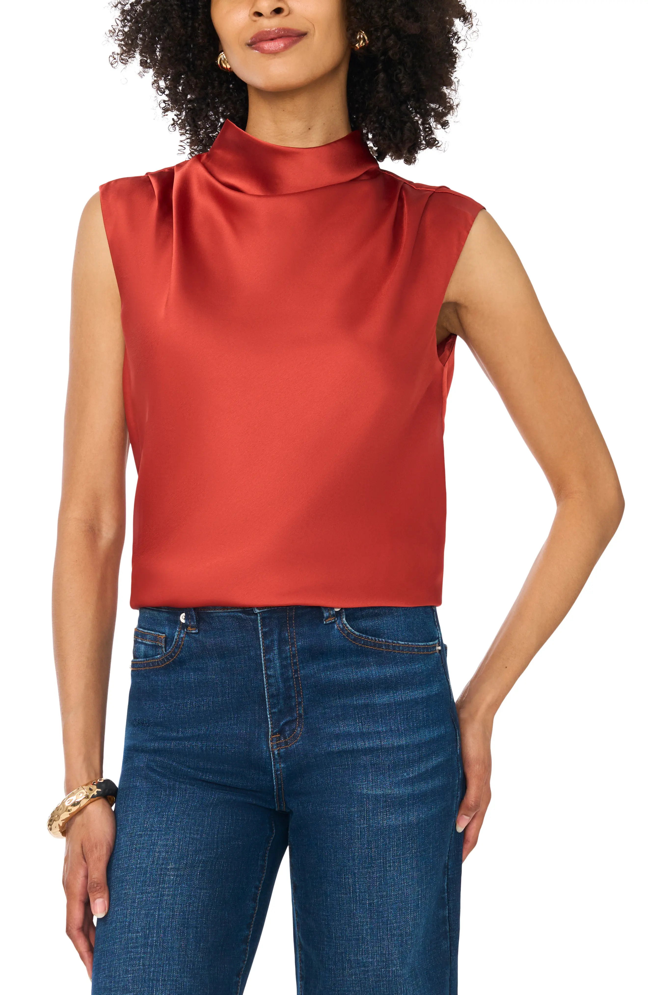 Vince Camuto Mock Neck Sleeveless Satin Top in Fireside at Nordstrom, Size Small | Nordstrom