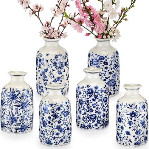 Teecyhooo 6 Pcs Blue and White Vase Ceramic Chinoiserie Vase Porcelain Small Oriental Bud Ceramic Chinese Flower Jardiniere for Home Office Table Centerpiece | Amazon (US)