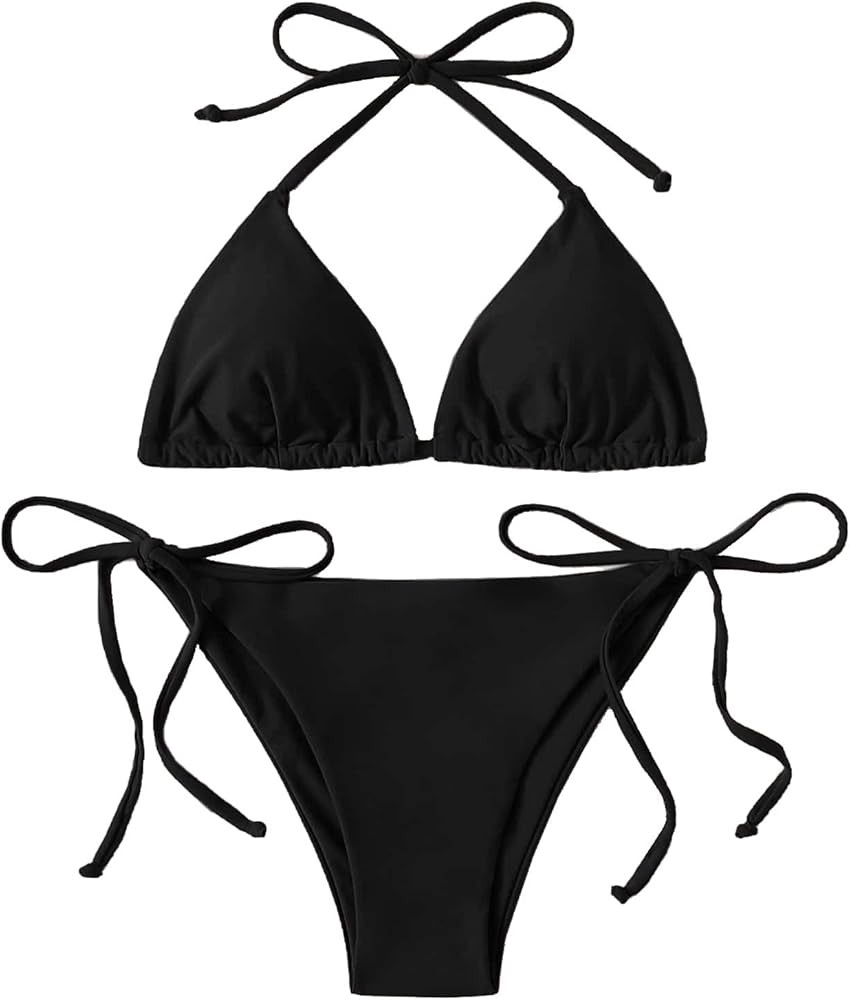 SheIn Women's Swimsuit Halter Triangle Bra with Tie Side Panty Bikini Set Beach Wear | Amazon (US)