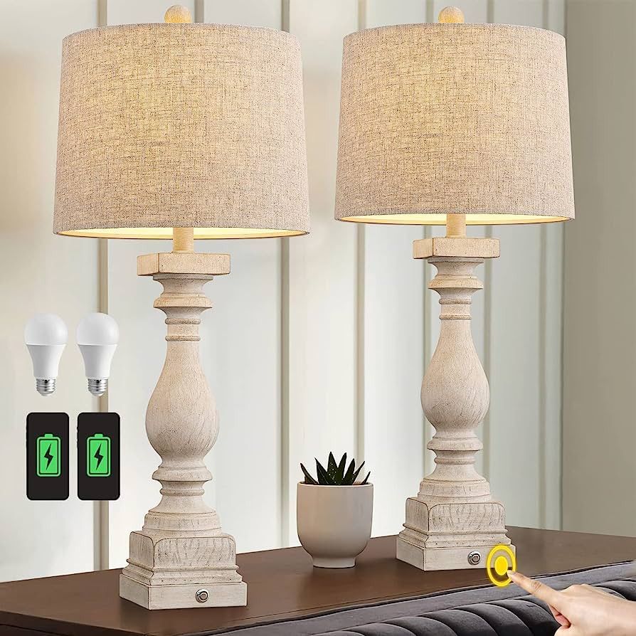 BOBOMOMO 27" Farmhouse 3-Way Dimmable Touch Control Table Lamp Set of 2 with Dual USB Charging Po... | Amazon (US)
