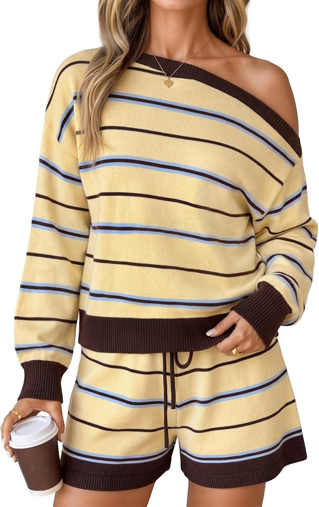 ZESICA Women's 2 Piece Striped Casual Long Sleeve Shorts Sweater Sets | Amazon (US)