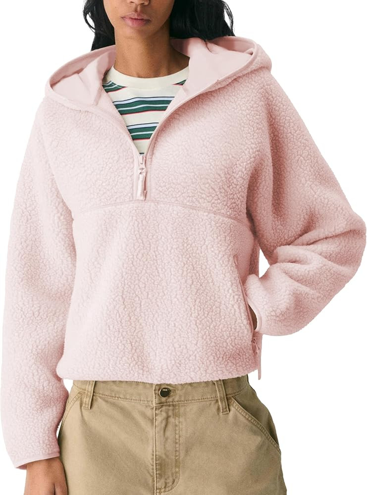 Women's Hoodie Half Zip Sherpa Fleece Pullover Lightweight Cropped Jacket with Zipper Pockets | Amazon (US)